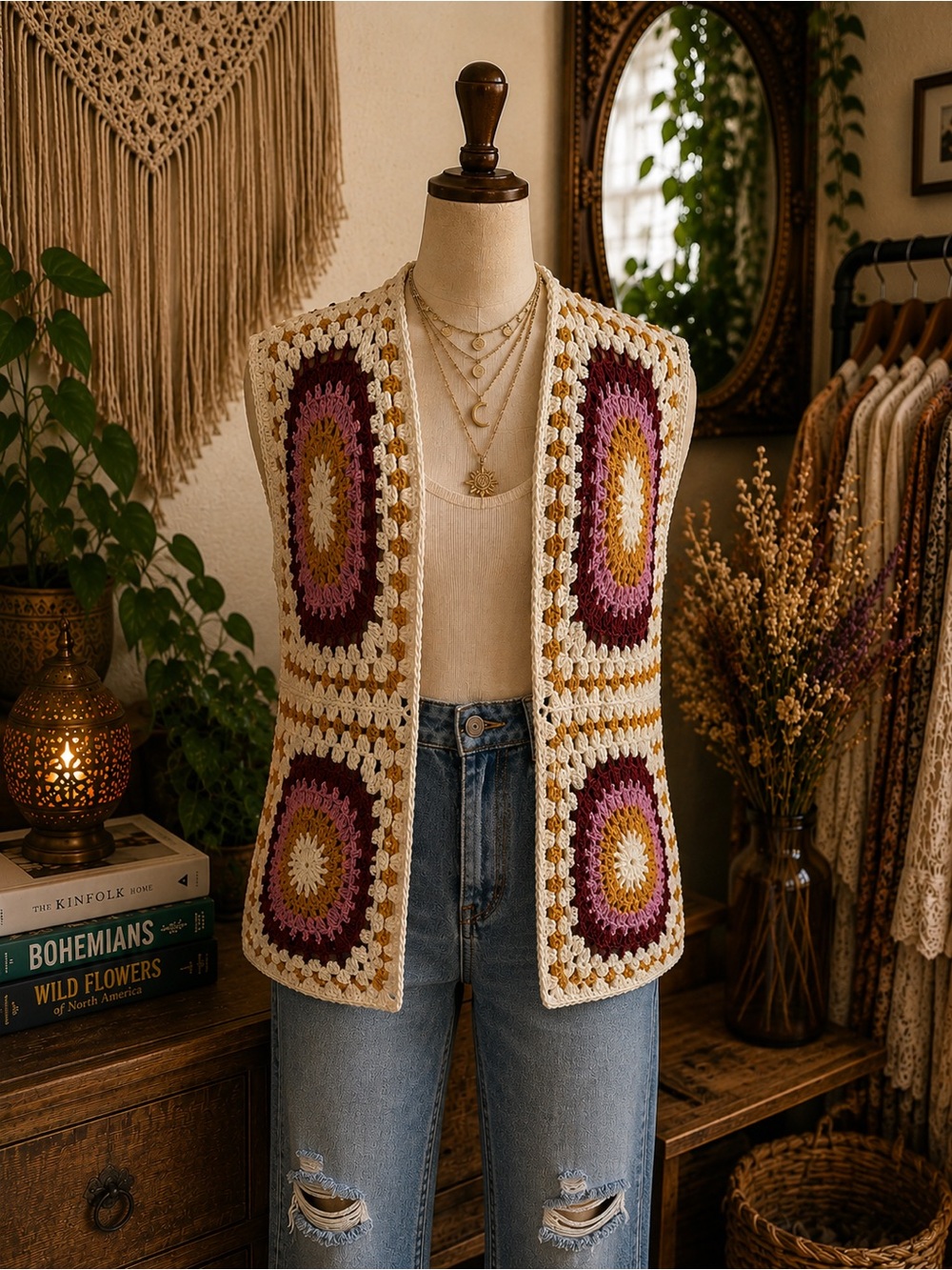 Handmade Crochet Vest in Cream, Mustard & Berry